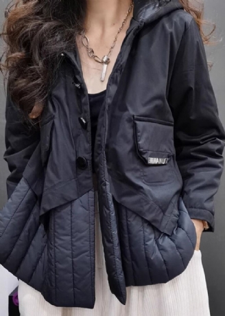 Veste À Capuche Noire En Patchwork De Coton Fin Pour Femme Manches Longues