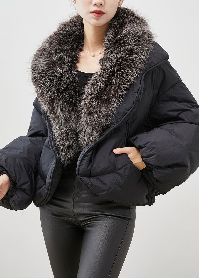 Veste Chaude En Duvet De Canard Pour Femme Col En Poils De Lapin Noir Doudoune D'hiver