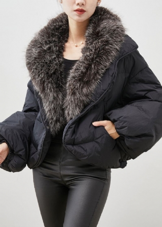 Veste Chaude En Duvet De Canard Pour Femme Col En Poils De Lapin Noir Doudoune D'hiver