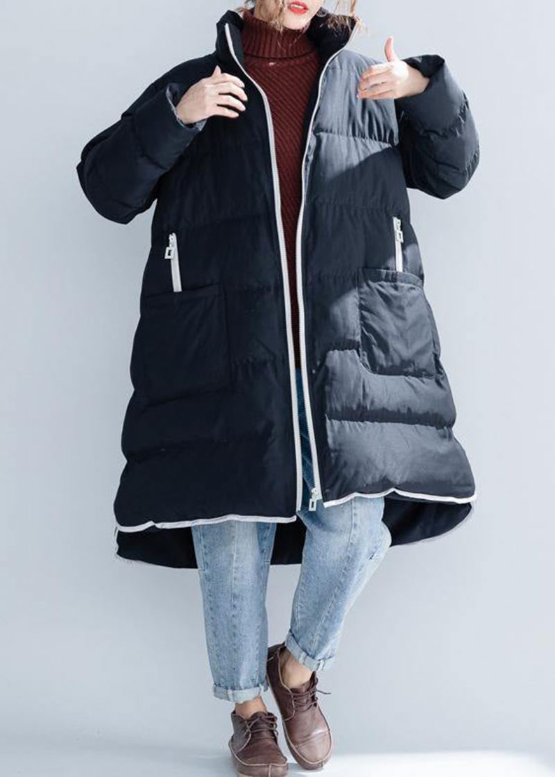 Veste En Coton Noir Tendance Grande Taille Col Montant Fermeture Éclair Poches Chaudes Manteaux Épais En D'hiver - Noir