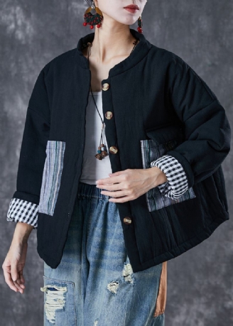 Veste Doudoune Italienne Noire Surdimensionnée En Patchwork De Coton Fin Remplie D'hiver