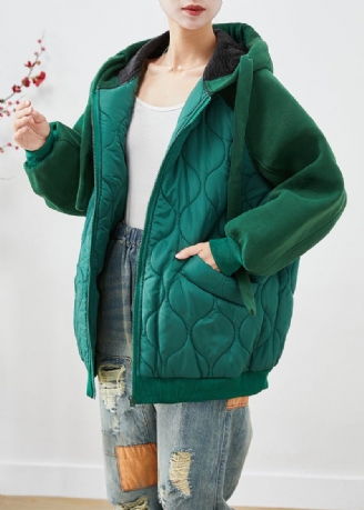 Veste Doudoune Remplie De Coton Fin Patchwork À Capuche Verte Faite À La Main Hiver