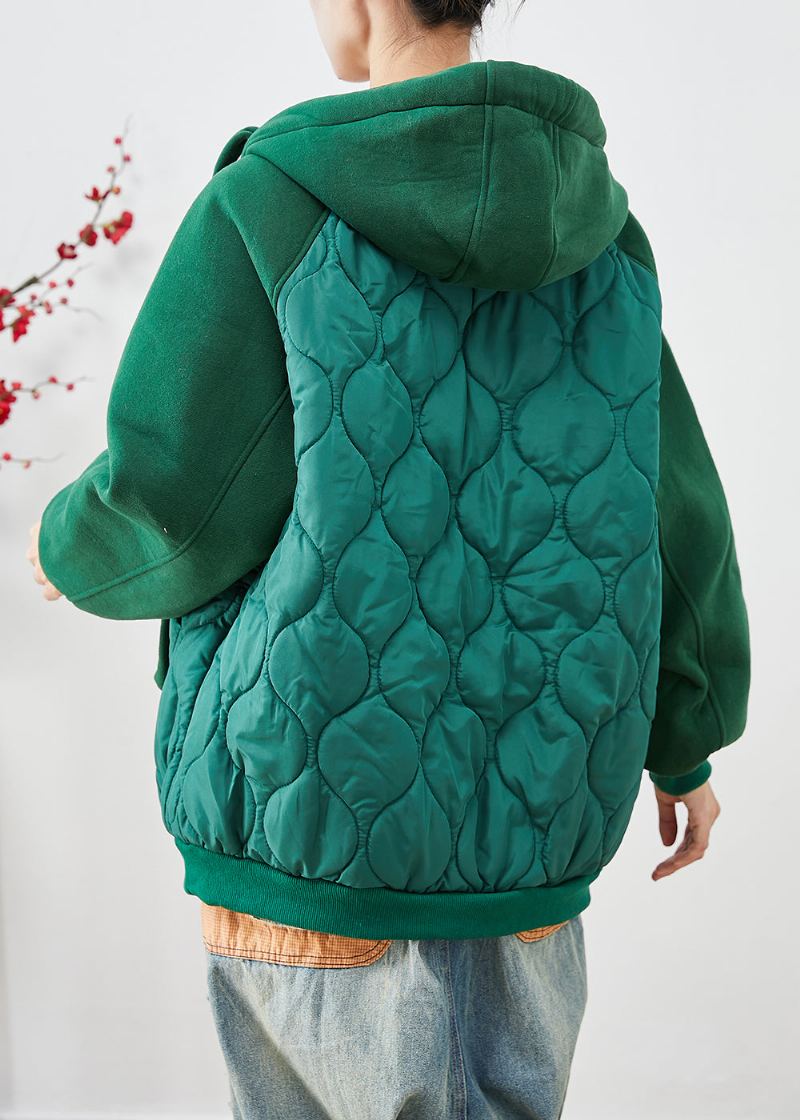 Veste Doudoune Remplie De Coton Fin Patchwork À Capuche Verte Faite À La Main Hiver - Doudounes femmes