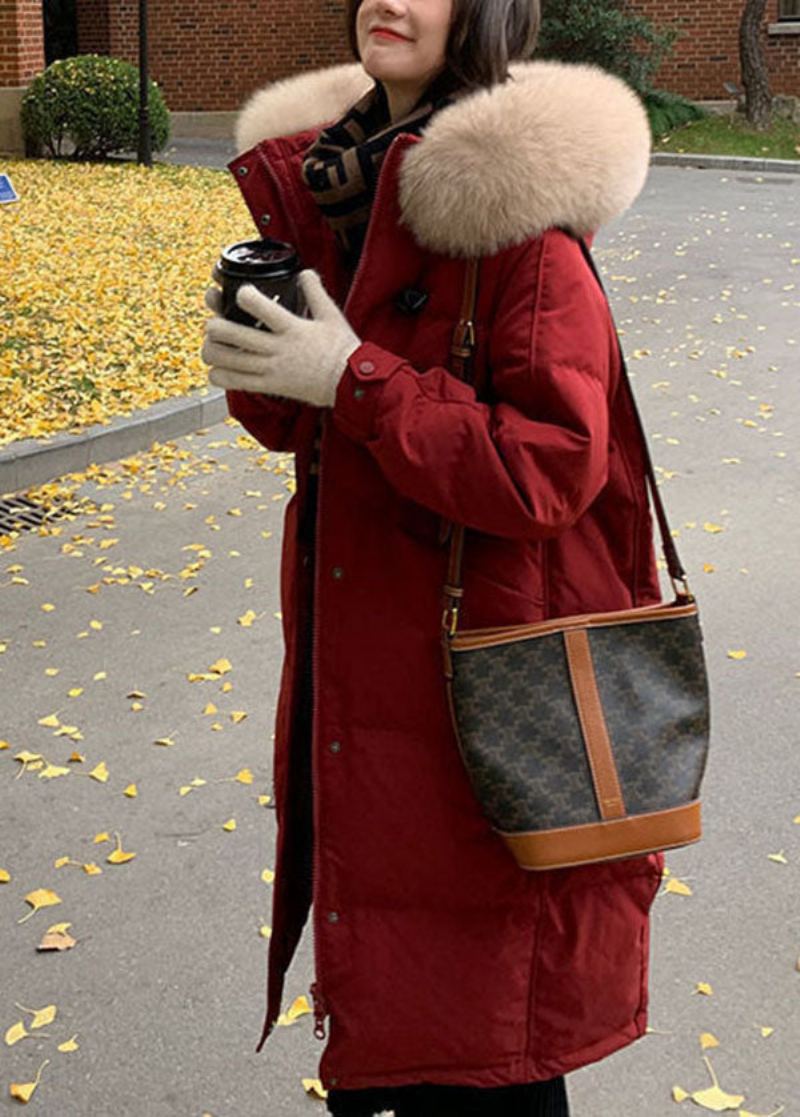 Veste En Duvet De Canard Épais À Capuche Rouge Chic Avec Col En Fourrure En Hiver