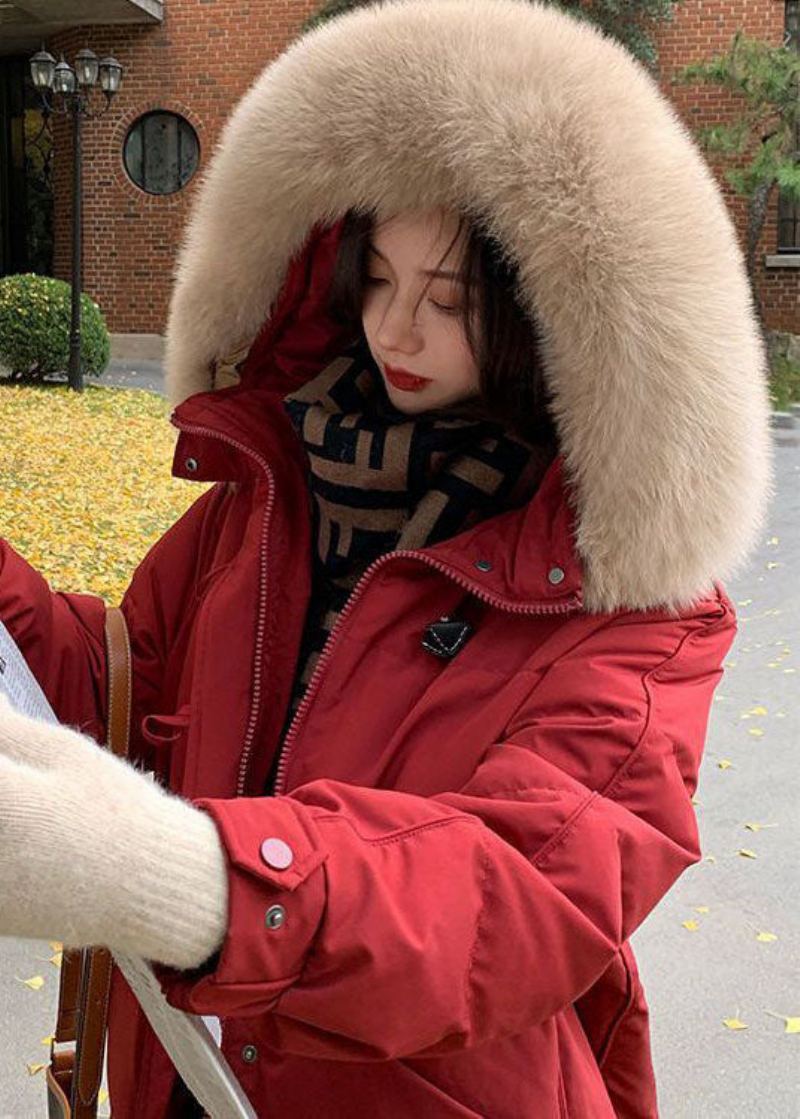 Veste En Duvet De Canard Épais À Capuche Rouge Chic Avec Col En Fourrure En Hiver - Doudounes femmes