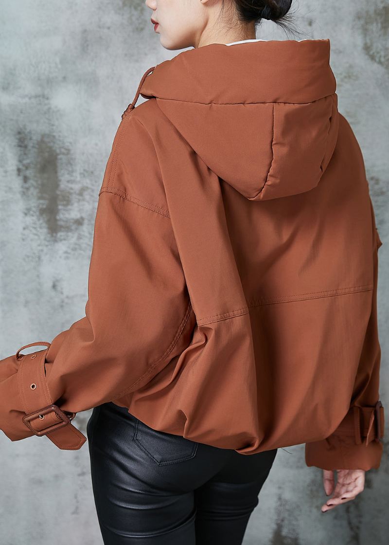 Veste En Duvet De Canard Orange À Capuche Et Poches De Grande Taille En Hiver - Doudounes femmes