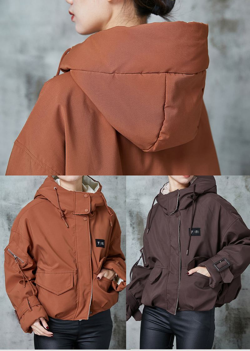 Veste En Duvet De Canard Orange À Capuche Et Poches De Grande Taille En Hiver - Doudounes femmes