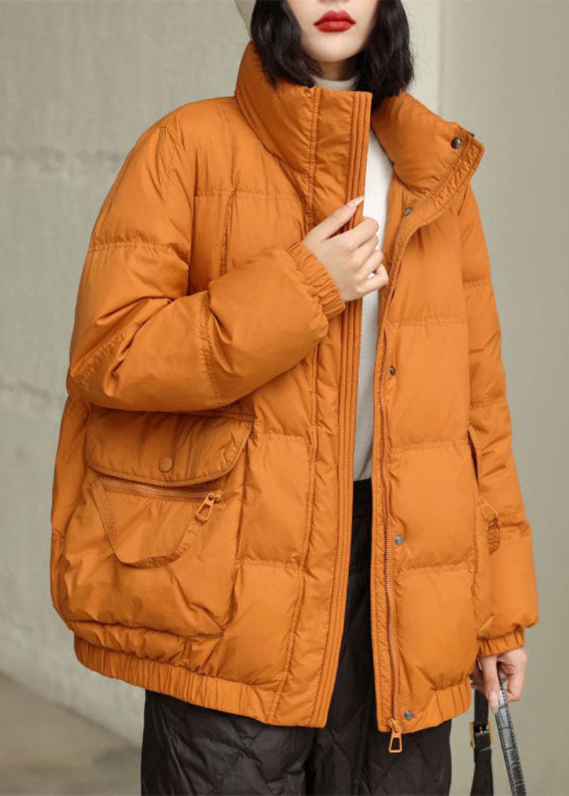 Veste En Duvet De Canard Orange À Col Montant Et Poches Zippées Diy En Hiver