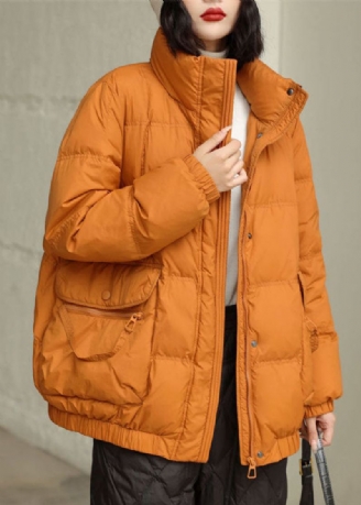 Veste En Duvet De Canard Orange À Col Montant Et Poches Zippées Diy En Hiver