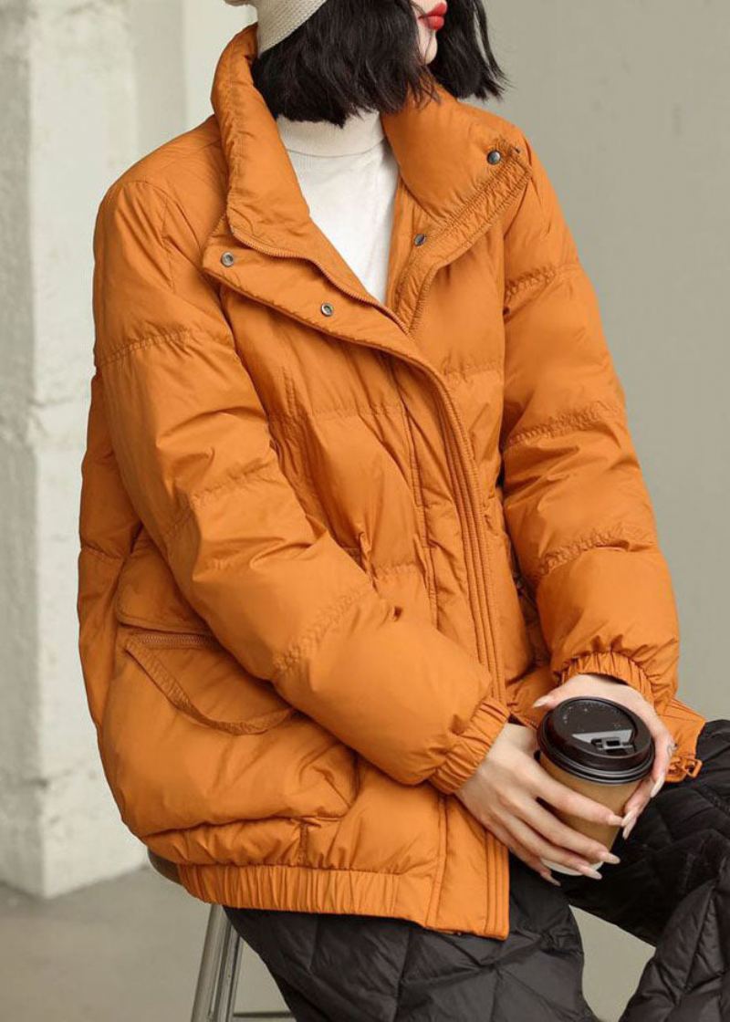 Veste En Duvet De Canard Orange À Col Montant Et Poches Zippées Diy En Hiver - Doudounes femmes