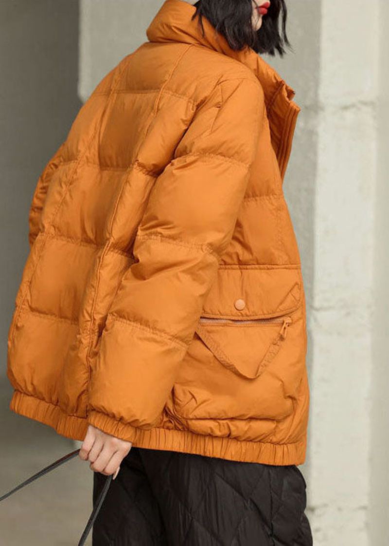 Veste En Duvet De Canard Orange À Col Montant Et Poches Zippées Diy En Hiver - Doudounes femmes