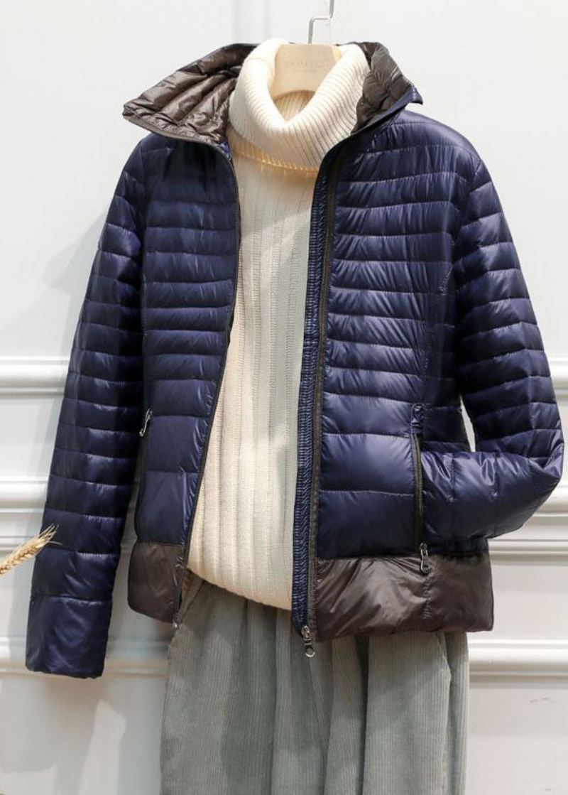 Veste En Duvet De Canard Patchwork Avec Poches Zippées Et Col Montant De La Marine Italienne En Hiver