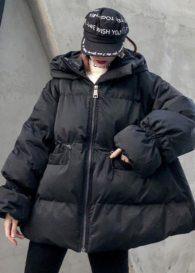 Veste D'hiver Ample Et Élégante Pour Femmes Manteaux Avec Cordon De Serrage Parka À Capuche Noire - Doudounes femmes