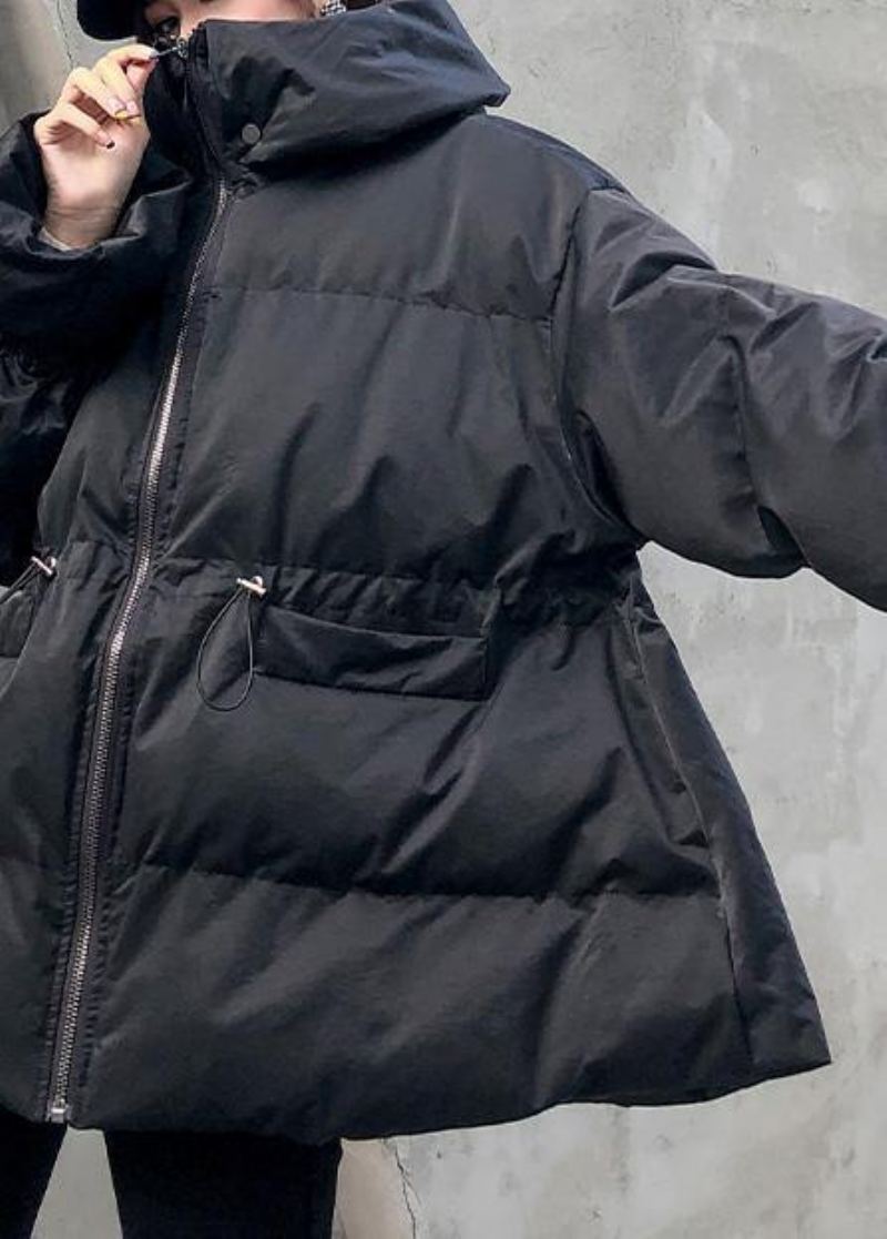 Veste D'hiver Ample Et Élégante Pour Femmes Manteaux Avec Cordon De Serrage Parka À Capuche Noire - Doudounes femmes