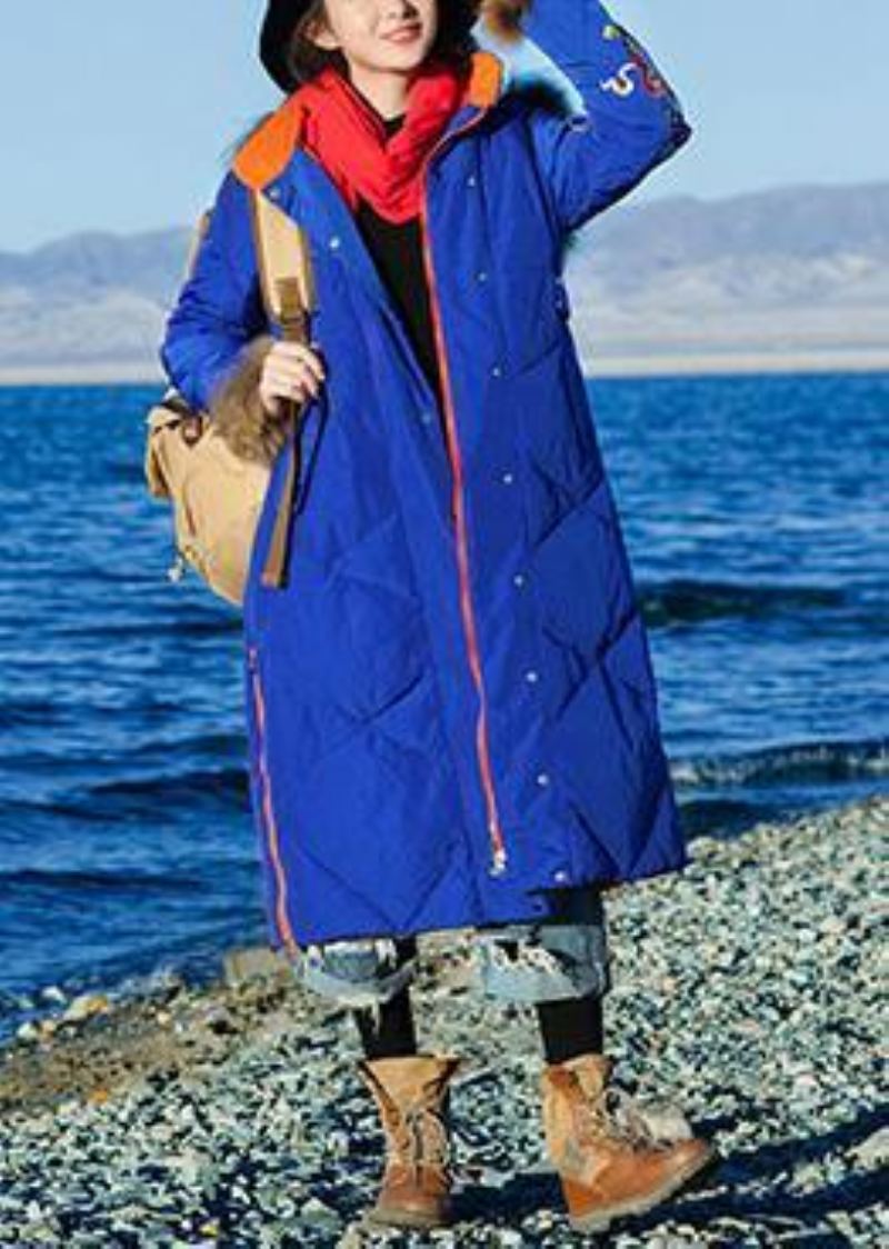 Veste D'hiver Ample Et Fine À Capuche Manteau Chaud Bleu Avec Fermeture Éclair Ouverte Sur Le Côté