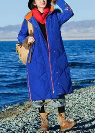 Veste D'hiver Ample Et Fine À Capuche Manteau Chaud Bleu Avec Fermeture Éclair Ouverte Sur Le Côté