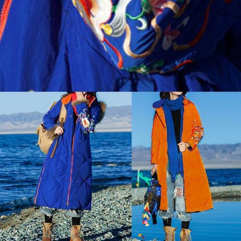 Veste D'hiver Ample Et Fine À Capuche Manteau Chaud Bleu Avec Fermeture Éclair Ouverte Sur Le Côté - Doudounes femmes