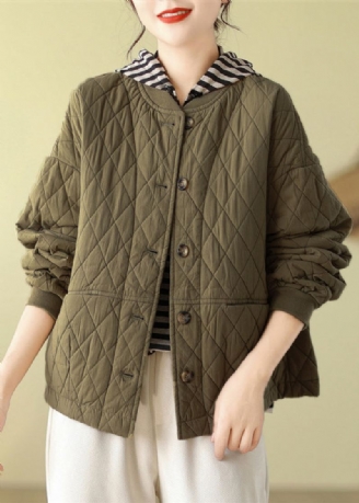 Veste D'hiver En Coton Fin Poches Olive Boutons Patchwork Grande Taille