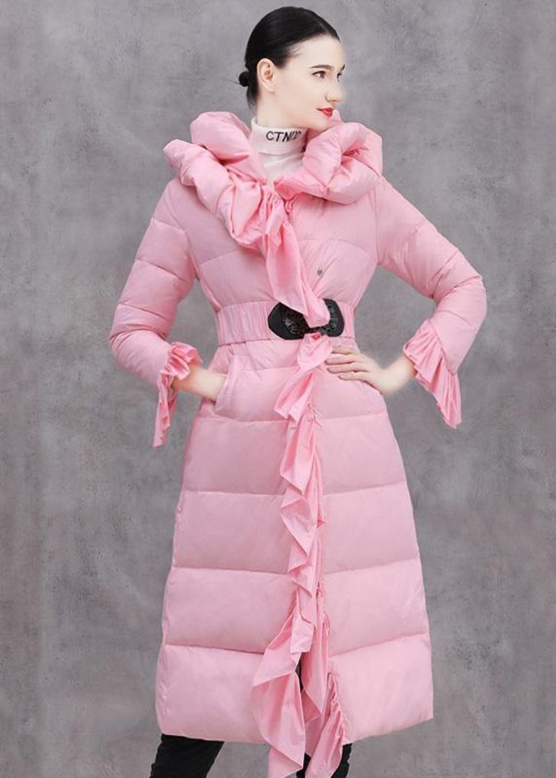 Veste D'hiver Décontractée Élégante Vestes À Volants Manteau En Duvet De Canard Rose À Nouer À La Taille