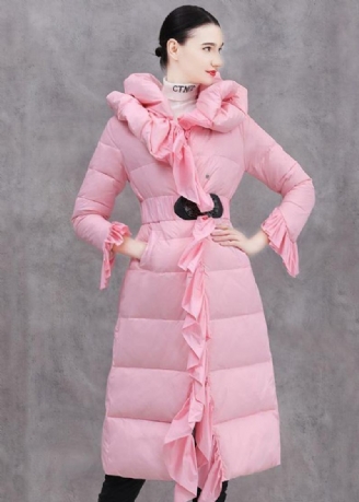 Veste D'hiver Décontractée Élégante Vestes À Volants Manteau En Duvet De Canard Rose À Nouer À La Taille