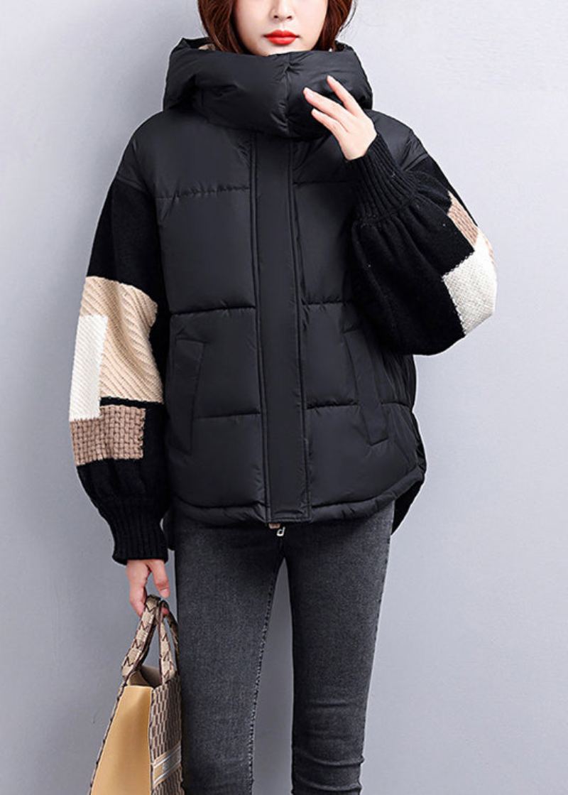 Veste D'hiver En Duvet De Canard Tricot À Capuche Noir Moderne Patchwork - Doudounes femmes