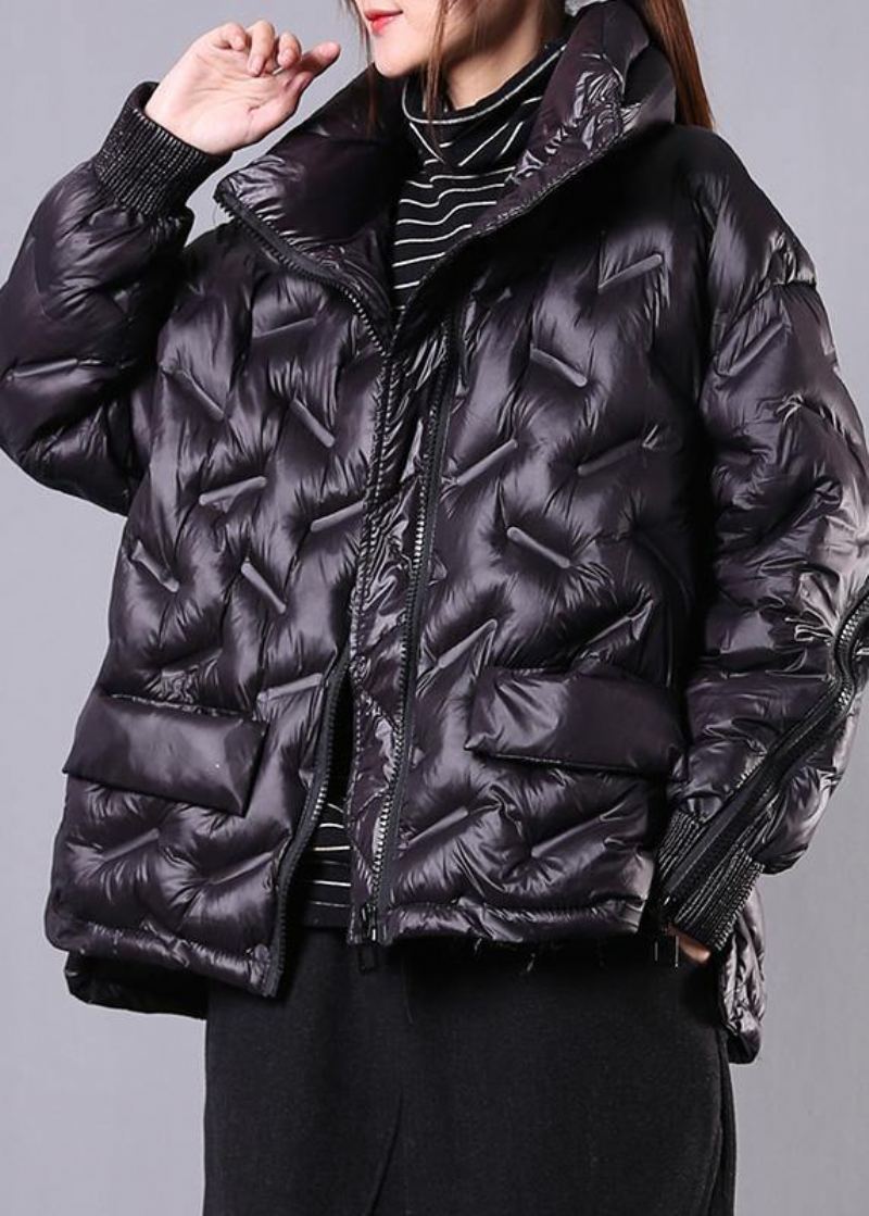 Veste D'hiver Élégante Grande Taille Manteau Noir Col Montant Fermeture Éclair Vêtements D'extérieur