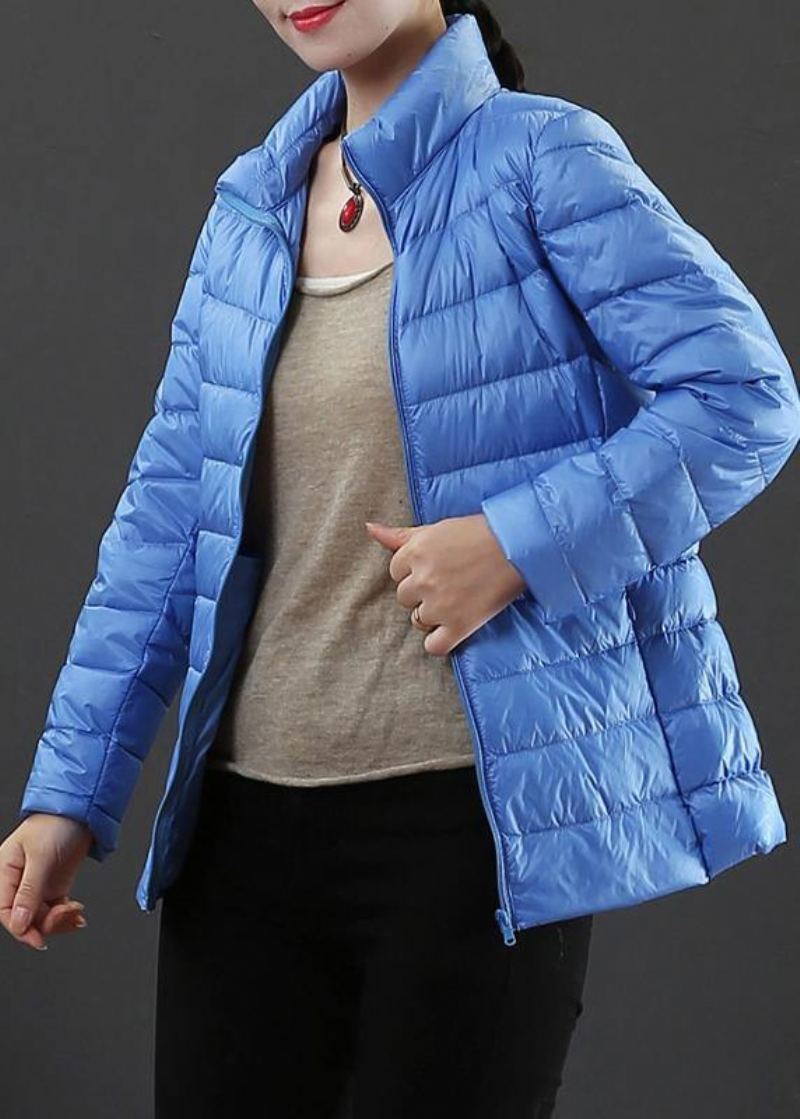 Veste D'hiver Fine Grande Taille Pardessus Bleu Clair Col Montant Fermeture Éclair Manteau En Duvet De Canard