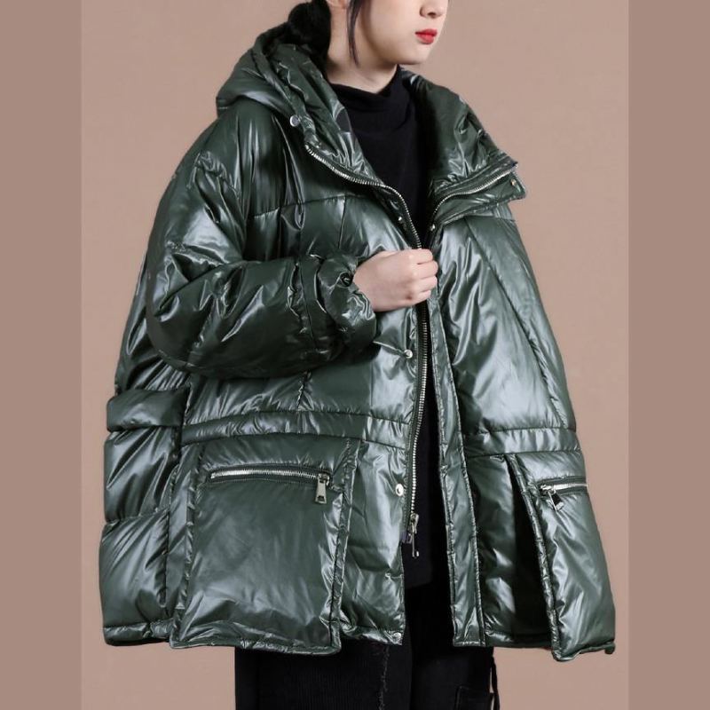 Veste D'hiver Surdimensionnée Pour Femme Manteau Vert Noirâtre À Capuche Avec Fermeture Éclair - Noir