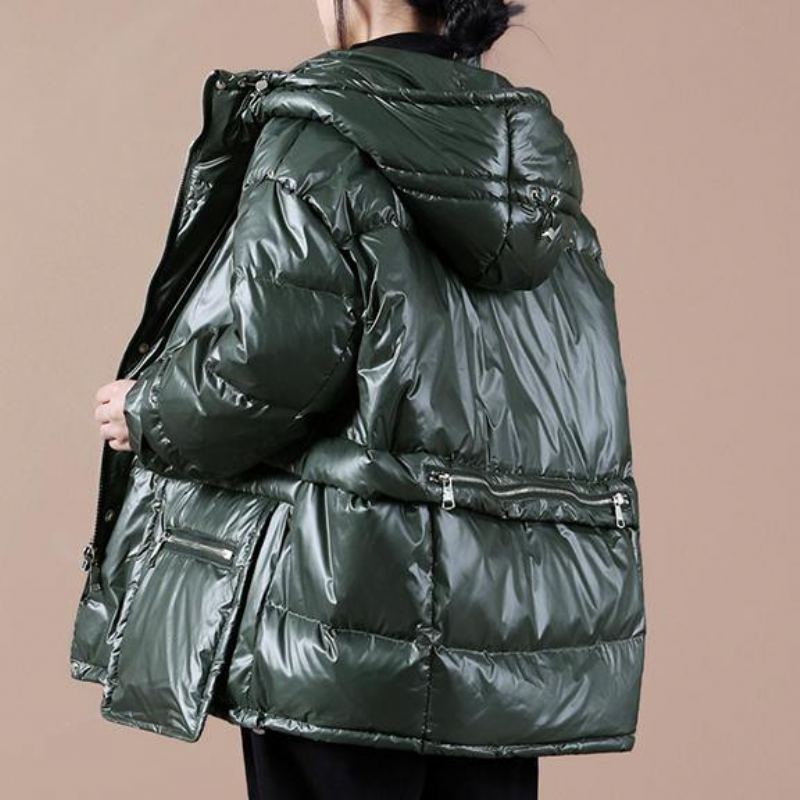 Veste D'hiver Surdimensionnée Pour Femme Manteau Vert Noirâtre À Capuche Avec Fermeture Éclair - Noir