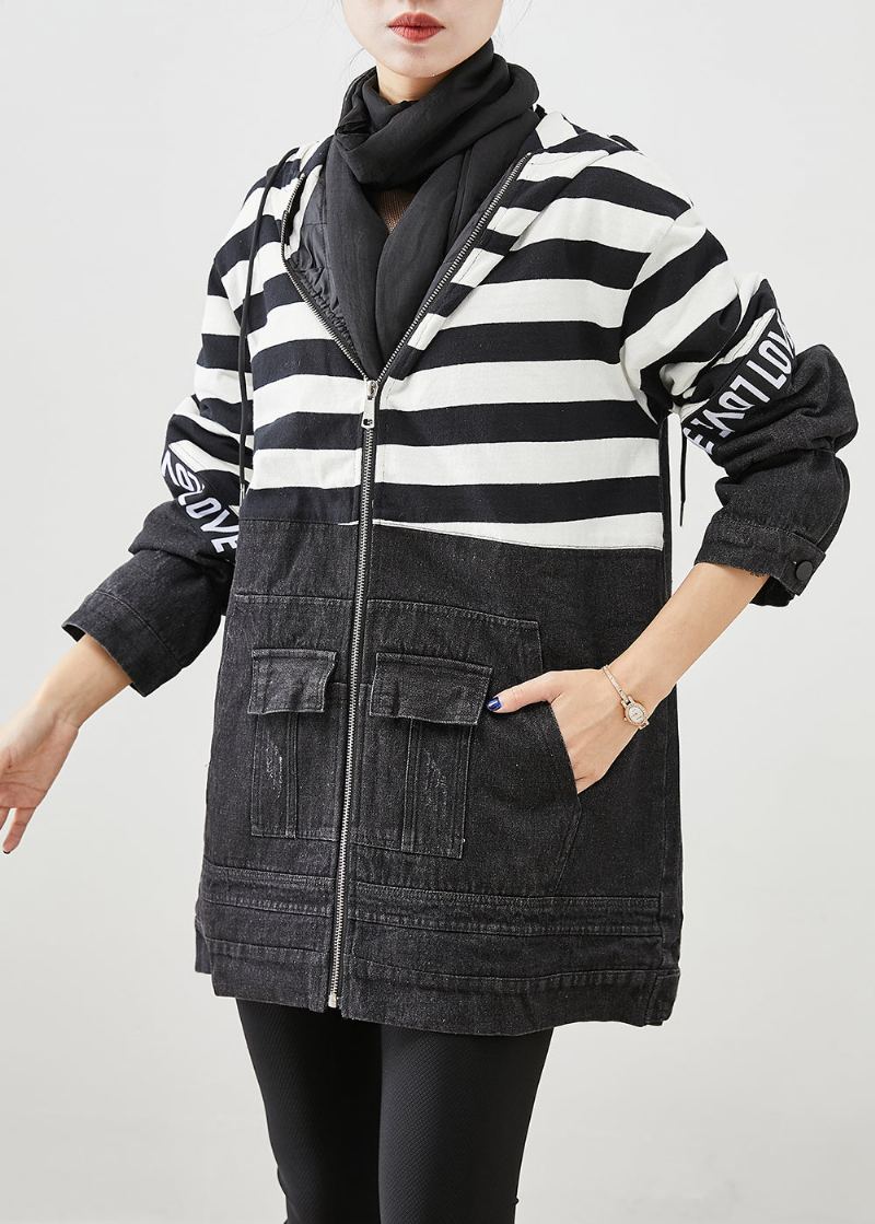 Veste En Jean Noire À Capuche Grande Taille Rayée En Coton Fin Remplie De Patchwork Witner - Doudounes femmes