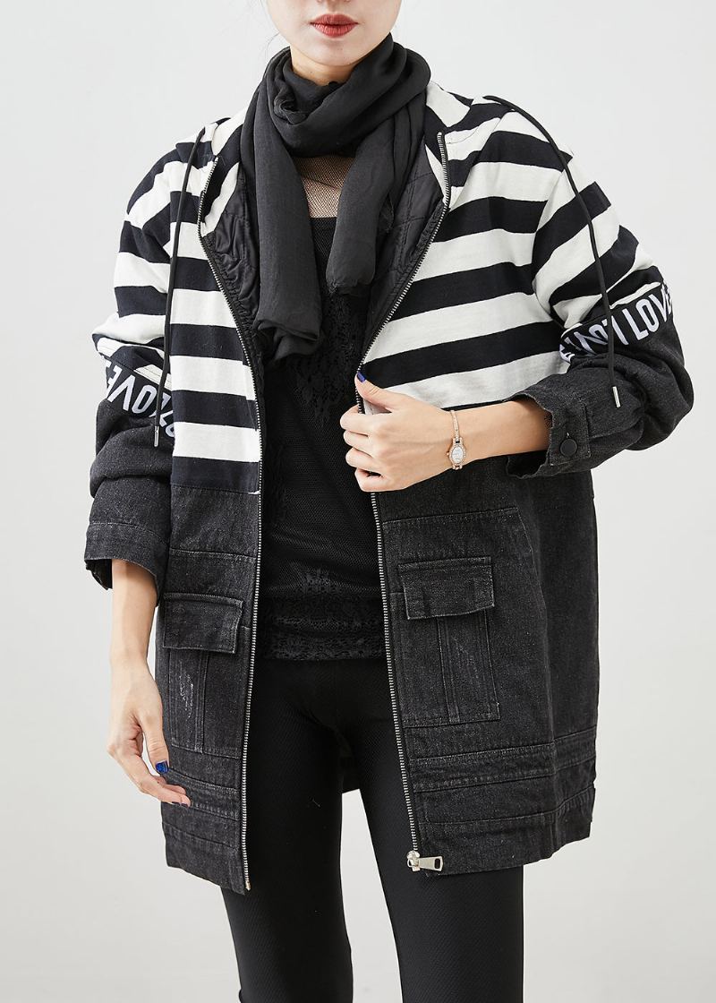 Veste En Jean Noire À Capuche Grande Taille Rayée En Coton Fin Remplie De Patchwork Witner - Doudounes femmes