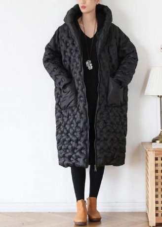 Veste Longue Rembourrée Noire Ample Grande Taille À Capuche Manteau Épais En Coton