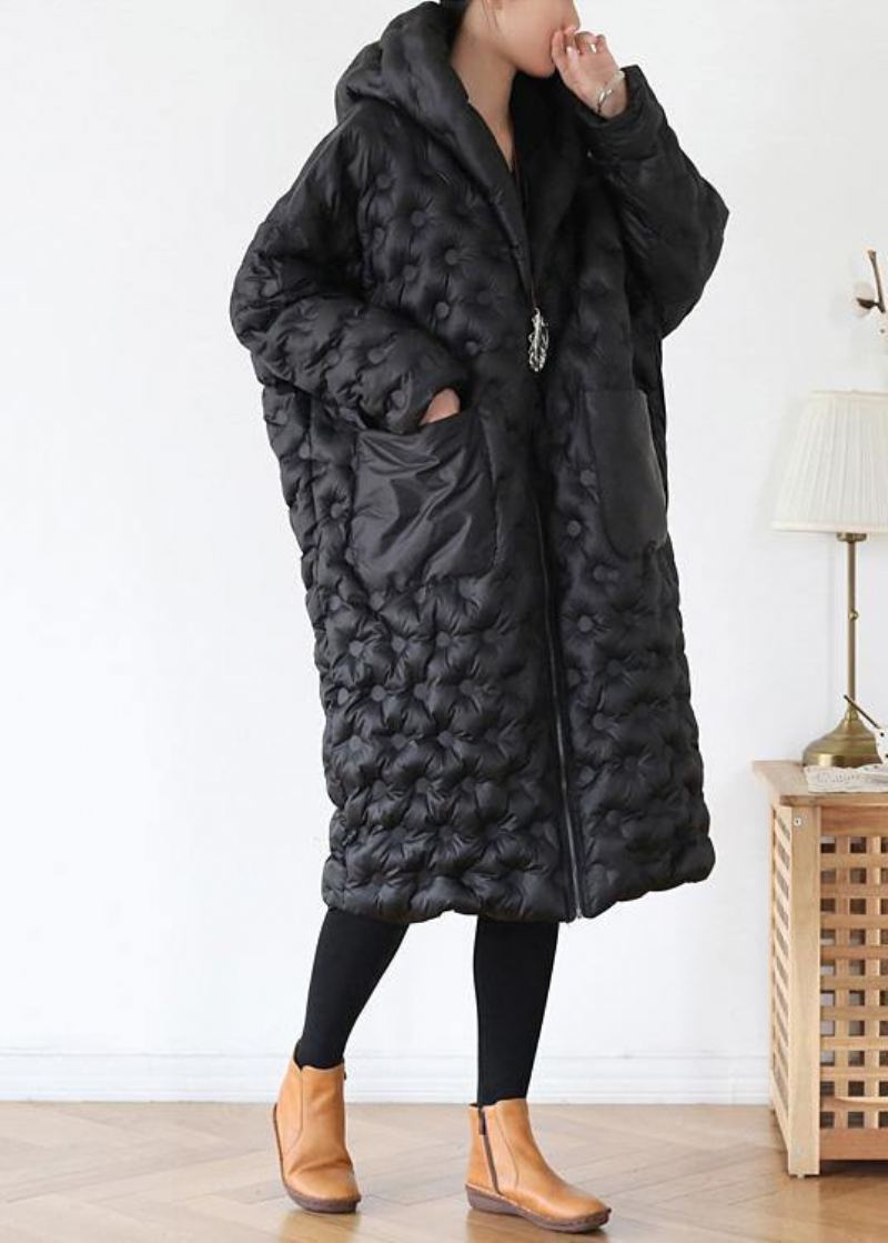 Veste Longue Rembourrée Noire Ample Grande Taille À Capuche Manteau Épais En Coton - Noir