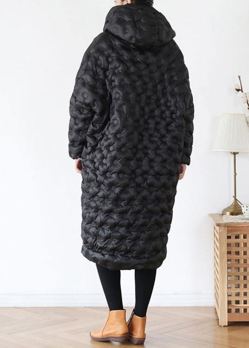 Veste Longue Rembourrée Noire Ample Grande Taille À Capuche Manteau Épais En Coton - Noir