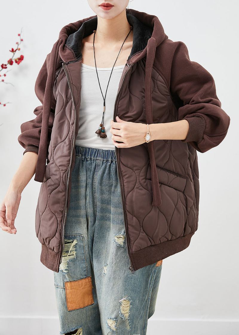 Veste Matelassée En Coton Fin Patchwork Marron À Capuche Surdimensionnée Hiver