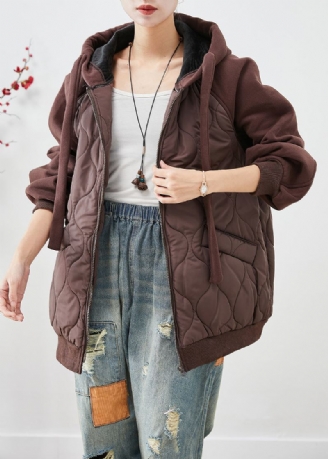 Veste Matelassée En Coton Fin Patchwork Marron À Capuche Surdimensionnée Hiver