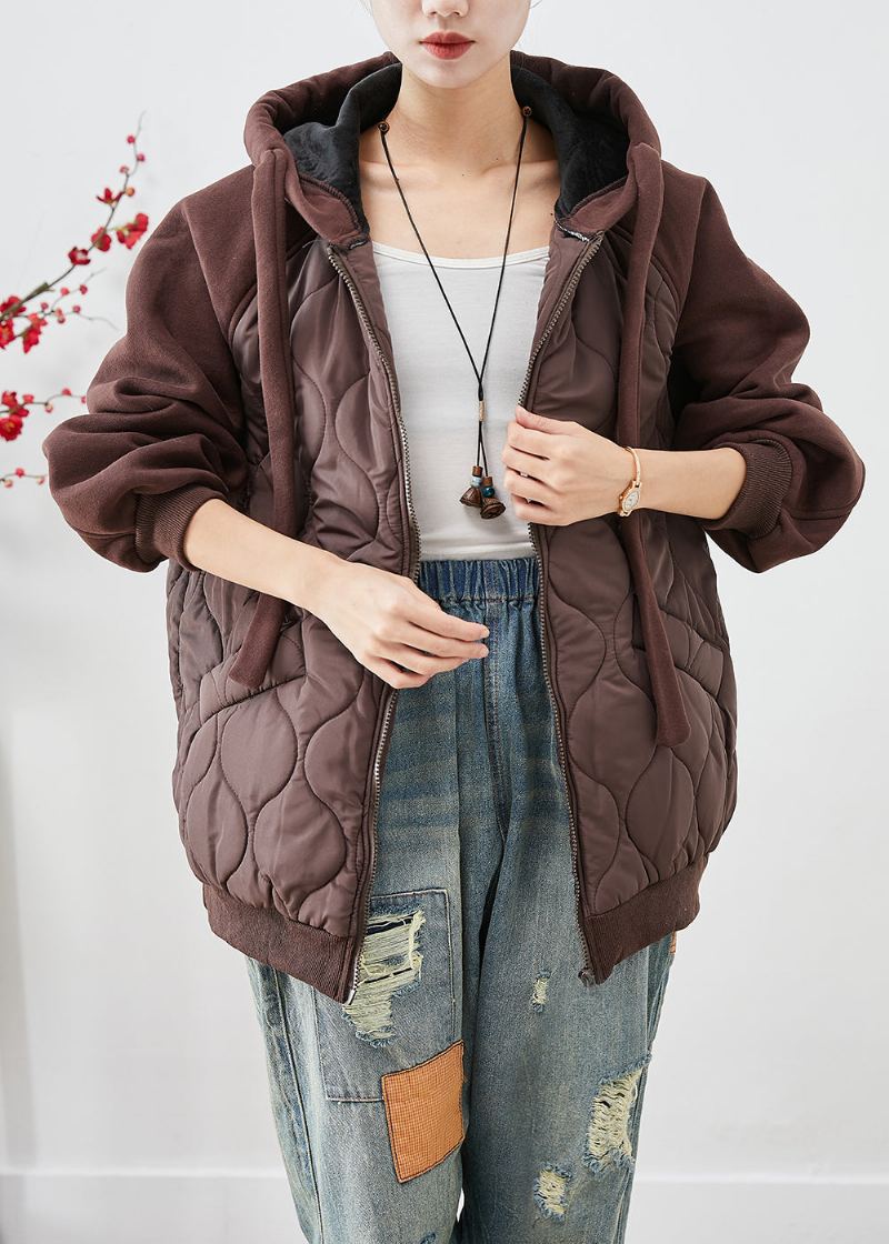 Veste Matelassée En Coton Fin Patchwork Marron À Capuche Surdimensionnée Hiver - Doudounes femmes