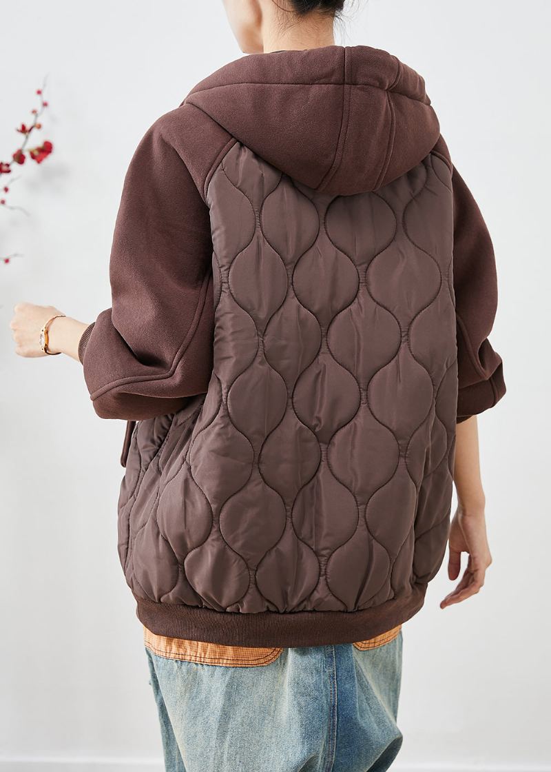 Veste Matelassée En Coton Fin Patchwork Marron À Capuche Surdimensionnée Hiver - Doudounes femmes