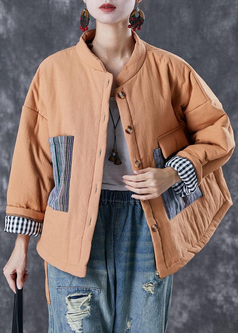 Veste Matelassée En Coton Fin Patchwork Orange Poches Surdimensionnées Hiver - Doudounes femmes