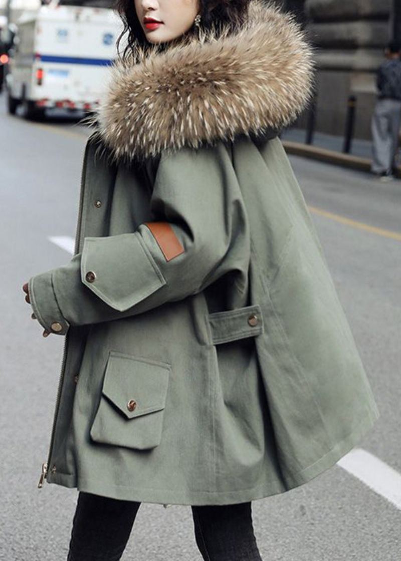 Veste Parka Bouffante En Duvet De Canard Avec Col En Fourrure Et Fermeture Éclair Vert Armée À La Mode Hiver