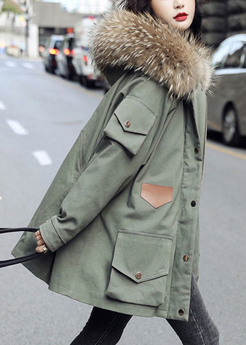 Veste Parka Bouffante En Duvet De Canard Avec Col En Fourrure Et Fermeture Éclair Vert Armée À La Mode Hiver - Doudounes femmes