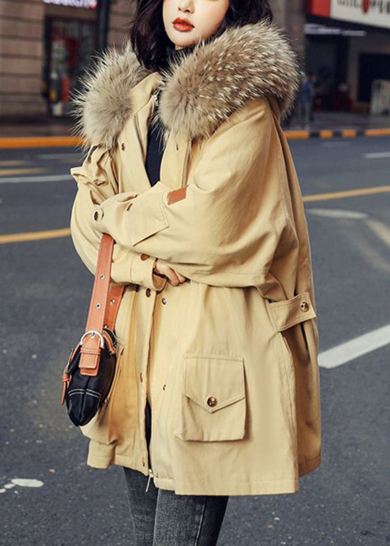 Veste Parka Bouffante En Duvet De Canard Avec Col En Fourrure Et Fermeture Éclair Vert Armée À La Mode Hiver - Doudounes femmes