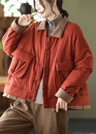 Veste Parka Italienne Rouge Avec Col Peter Pan Et Poches Patchwork En Coton Fin Rempli D'hiver