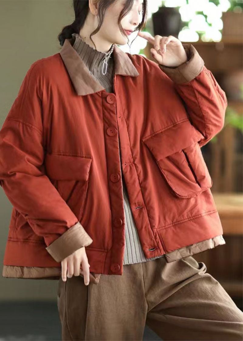 Veste Parka Italienne Rouge Avec Col Peter Pan Et Poches Patchwork En Coton Fin Rempli D'hiver - Doudounes femmes