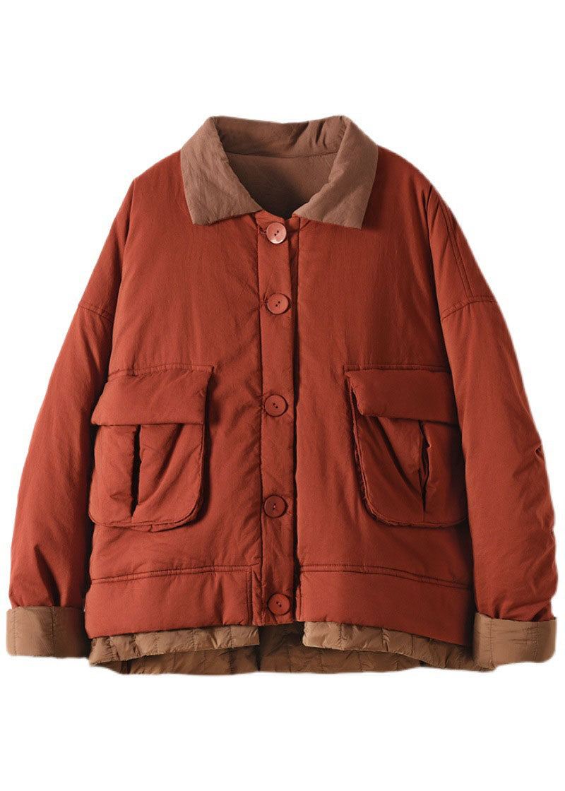 Veste Parka Italienne Rouge Avec Col Peter Pan Et Poches Patchwork En Coton Fin Rempli D'hiver - Doudounes femmes