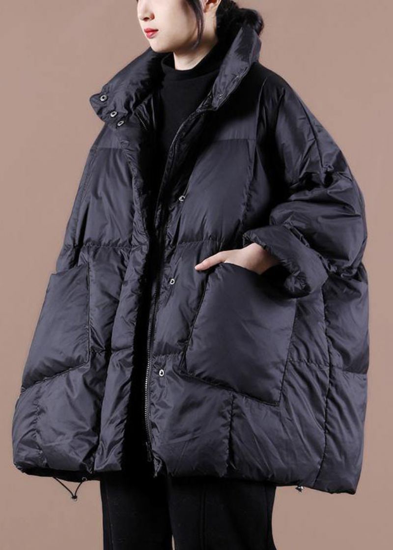 Veste Parka Noire À Col Montant Pour Femme Vêtement Décontracté Grande Taille Avec Grandes Poches Manteau D'hiver