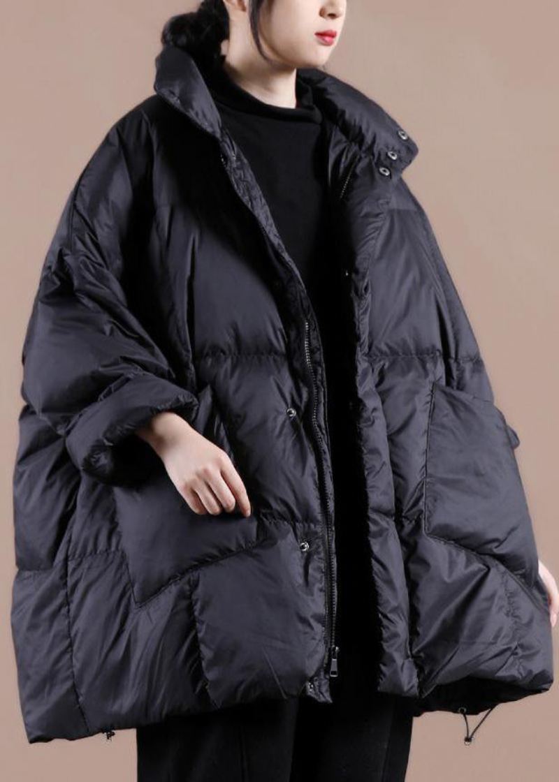 Veste Parka Noire À Col Montant Pour Femme Vêtement Décontracté Grande Taille Avec Grandes Poches Manteau D'hiver - Noir