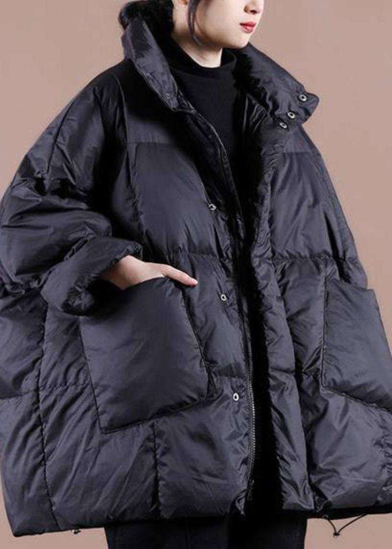 Veste Parka Noire À Col Montant Pour Femme Vêtement Décontracté Grande Taille Avec Grandes Poches Manteau D'hiver - Noir