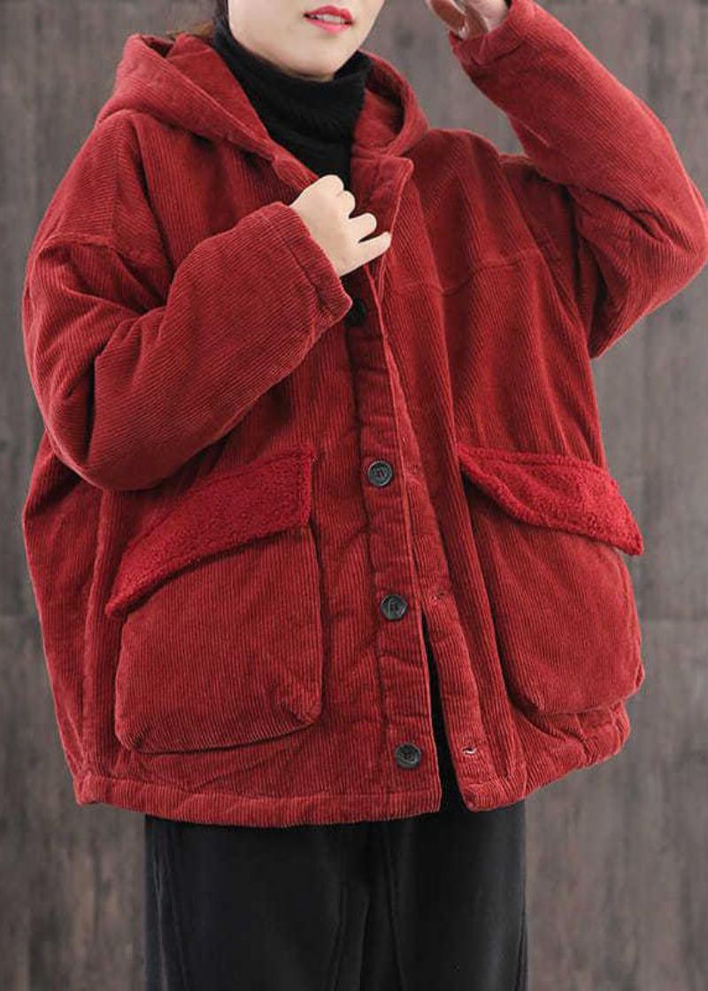 Veste Parka Rouge En Velours Côtelé Poches À Capuche Coton Fin Grande Taille Hiver