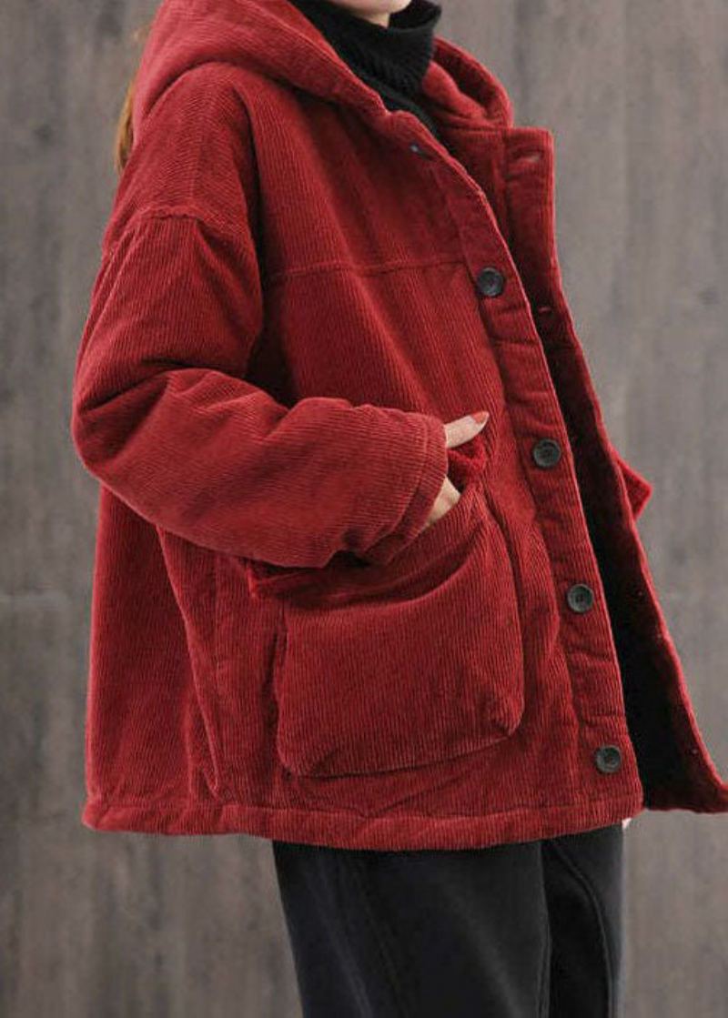 Veste Parka Rouge En Velours Côtelé Poches À Capuche Coton Fin Grande Taille Hiver - Doudounes femmes